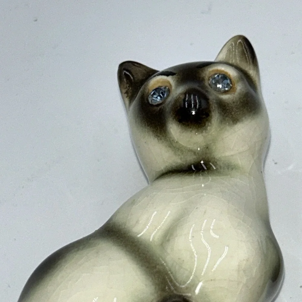 Kitschy Vtg Japan Kitty Cat Siamese Salt Pepper Shakers Icy Blue Rhinestone Eye